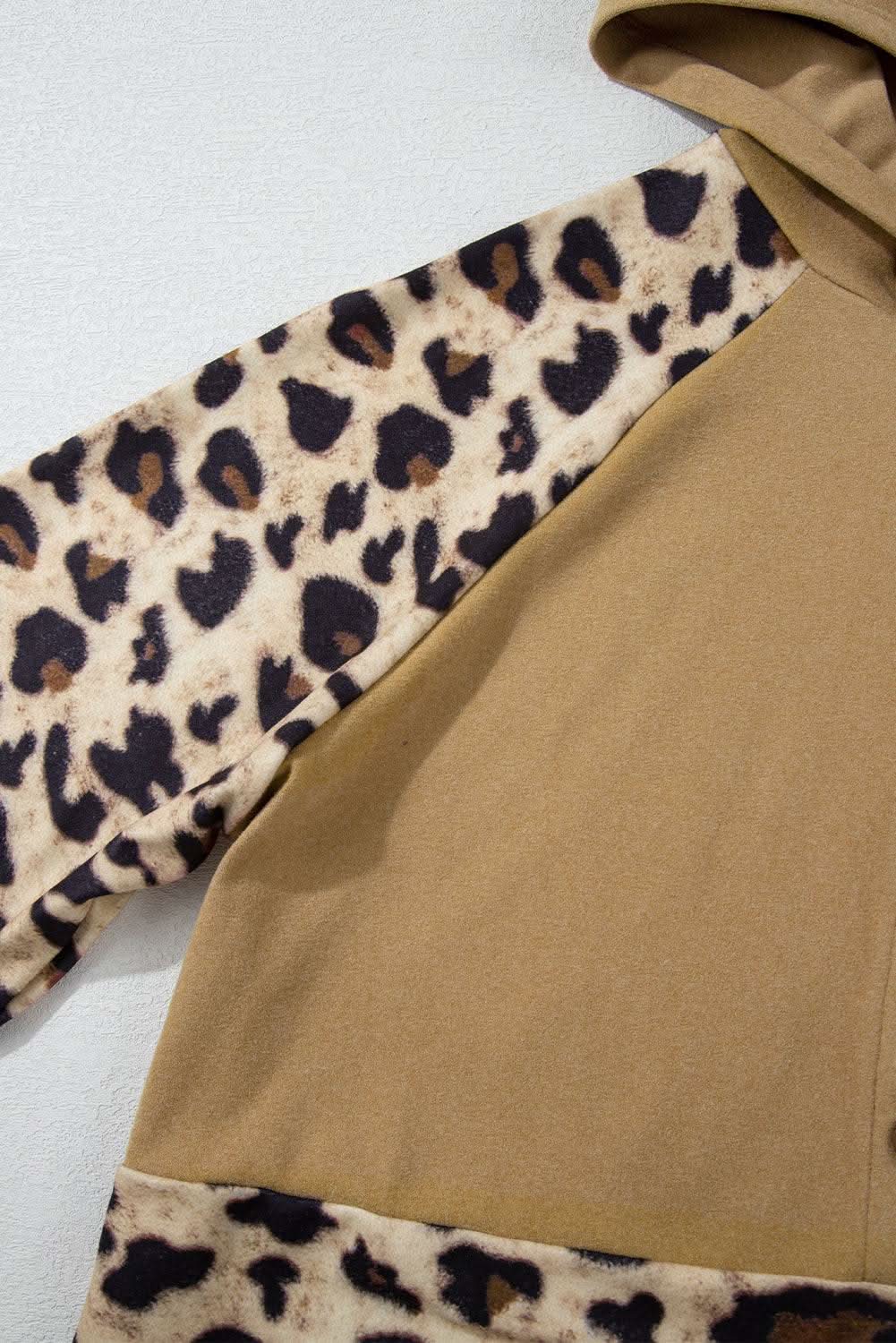 Light French Beige Leopard Print Patchwork Raglan Sleeve Half Buttons Hoodie - Love Salve